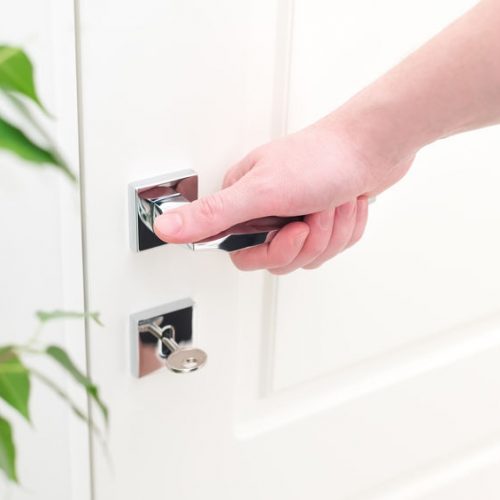 Male hand with modern chrome door handle. Close-up elements of the interior of the apartment. White door and the key in the keyhole. Green leaves plants